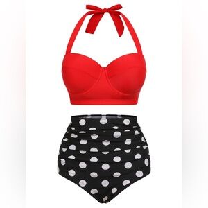 Women’s Vintage Inspired Halter Top Polka Dot High Wasted 2 Piece Bikini Retro